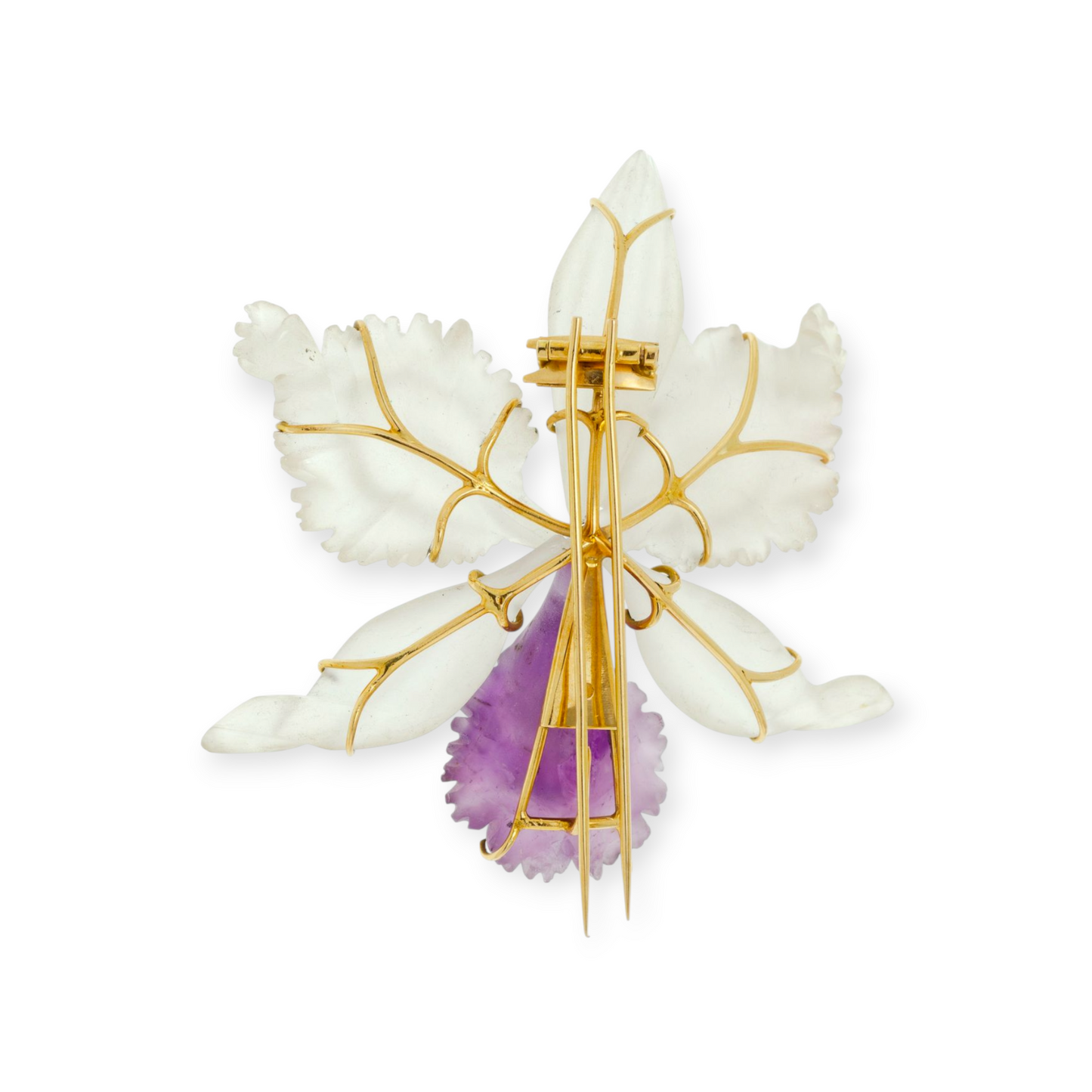 Austrian 1960s 18KT Yellow Gold Amethyst, Diamond & Rock Crystal Orchid Brooch back