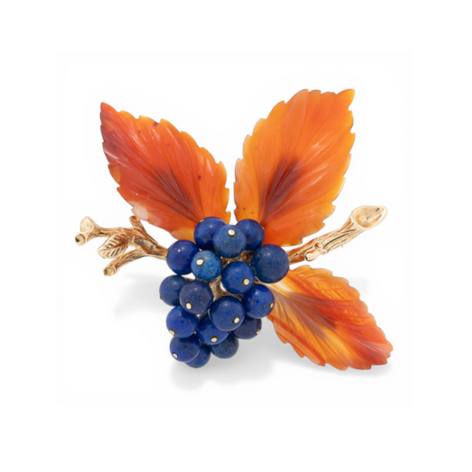 Austrian 1950s 14KT Yellow Gold Lapis Lazuli & Carnelian Agate Brooch front