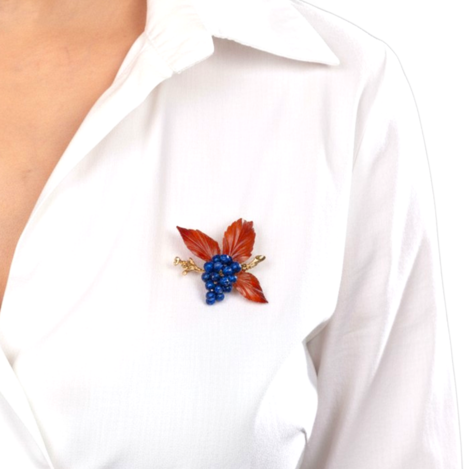 Austrian 1950s 14KT Yellow Gold Lapis Lazuli & Carnelian Agate Brooch on blouse