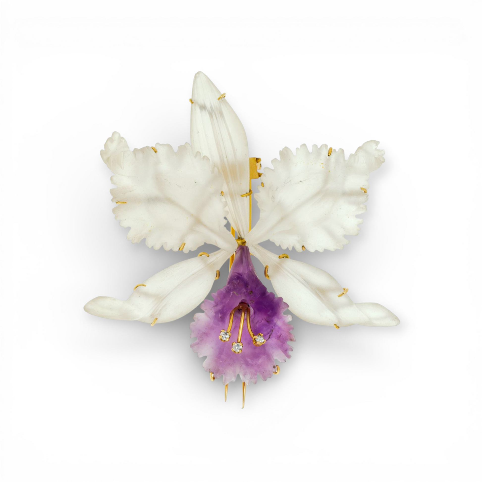 Austrian 1960s 18KT Yellow Gold Amethyst, Diamond & Rock Crystal Orchid Brooch front