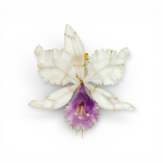 Austrian 1960s 18KT Yellow Gold Amethyst, Diamond & Rock Crystal Orchid Brooch front