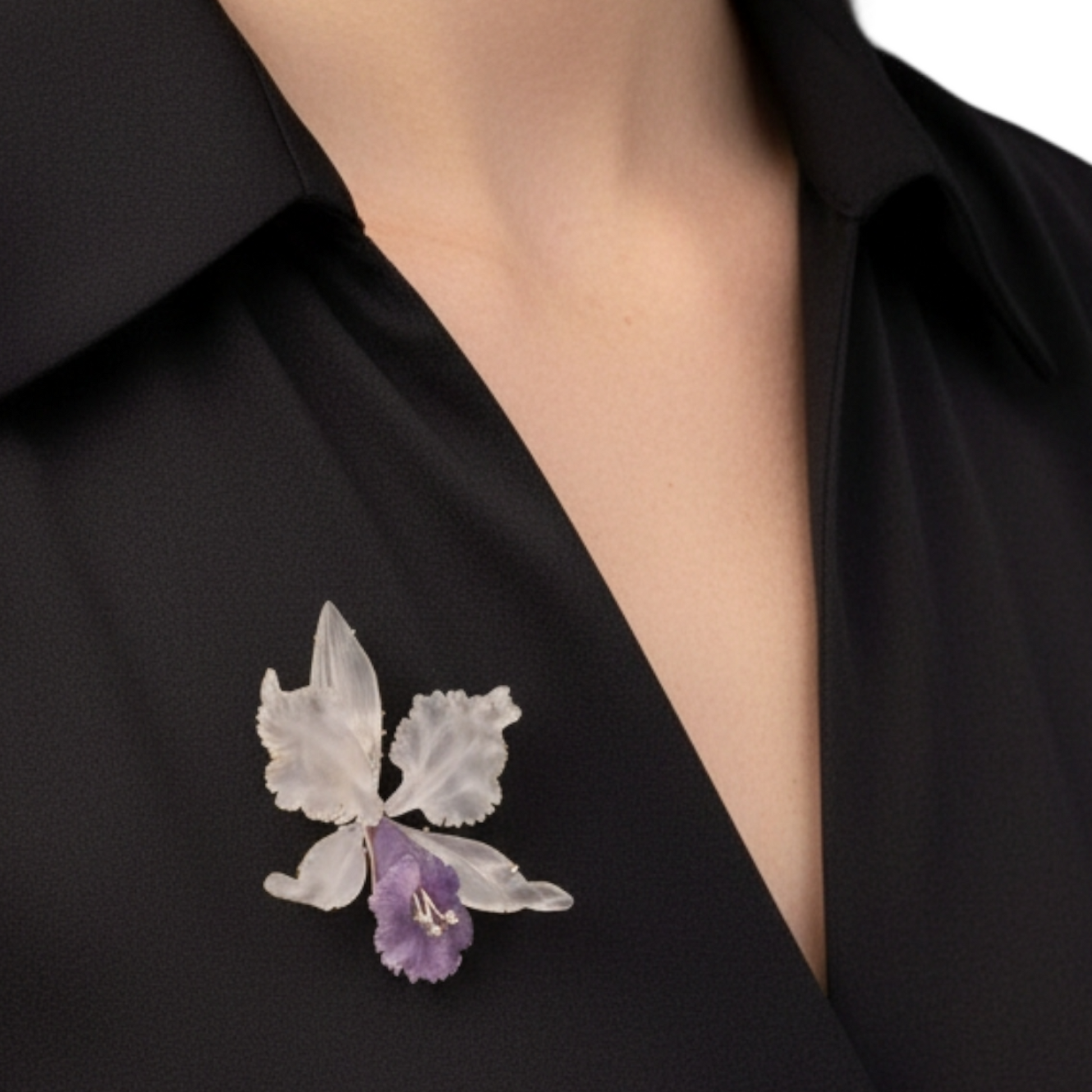 Austrian 1960s 18KT Yellow Gold Amethyst, Diamond & Rock Crystal Orchid Brooch on blouse