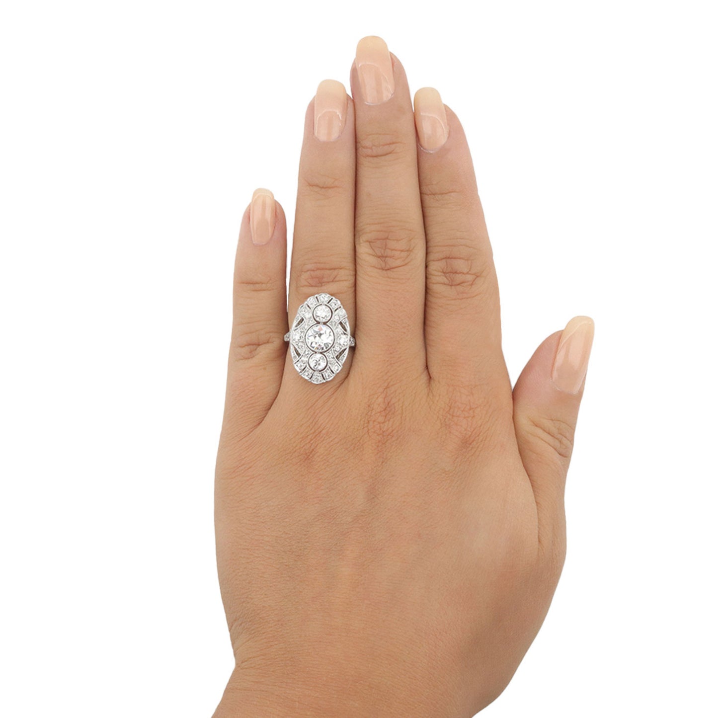 Art Deco Platinum Diamond Ring on finger