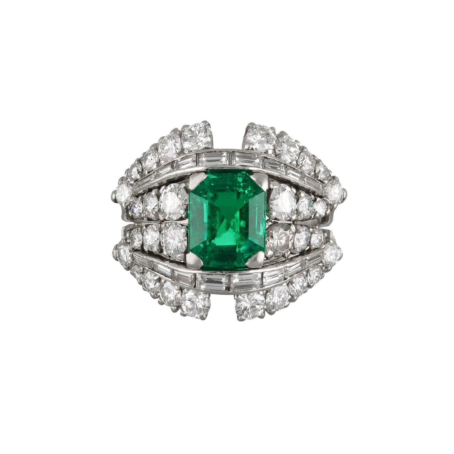 Italian 1970s Platinum Emerald & Diamond Ring front