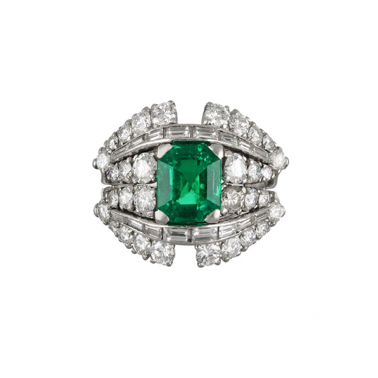 Italian 1970s Platinum Emerald & Diamond Ring front