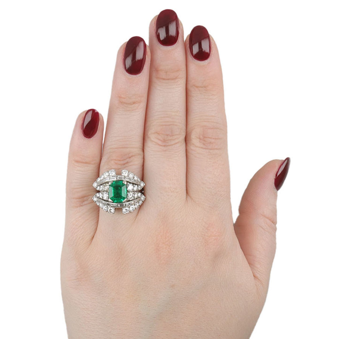 Italian 1970s Platinum Emerald & Diamond Ring on finger