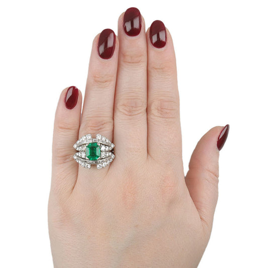 Italian 1970s Platinum Emerald & Diamond Ring on finger