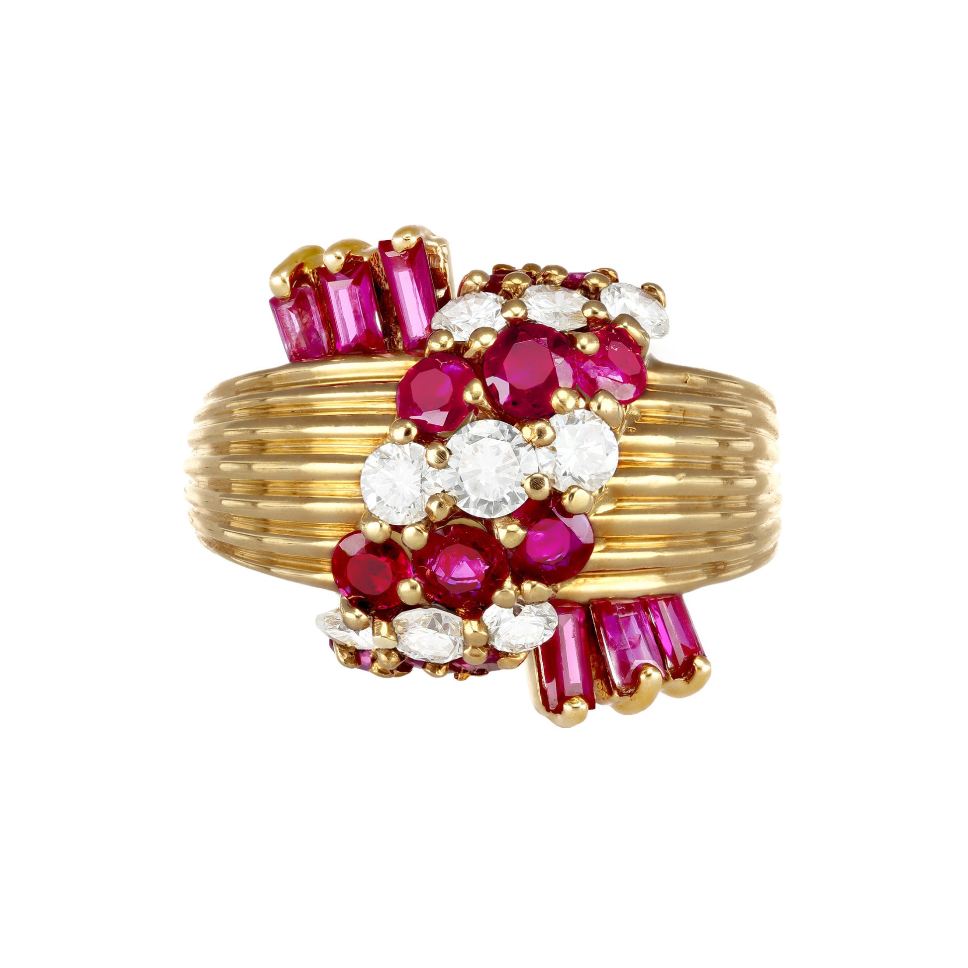 Kutchinsky England 1970s 18KT Yellow Gold Ruby & Diamond Ring front