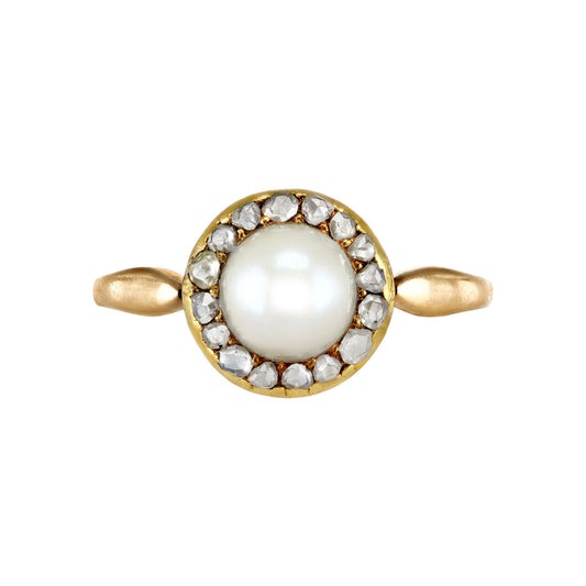 Swedish Victorian 18KT Yellow Gold Natural Pearl & Diamond Ring front