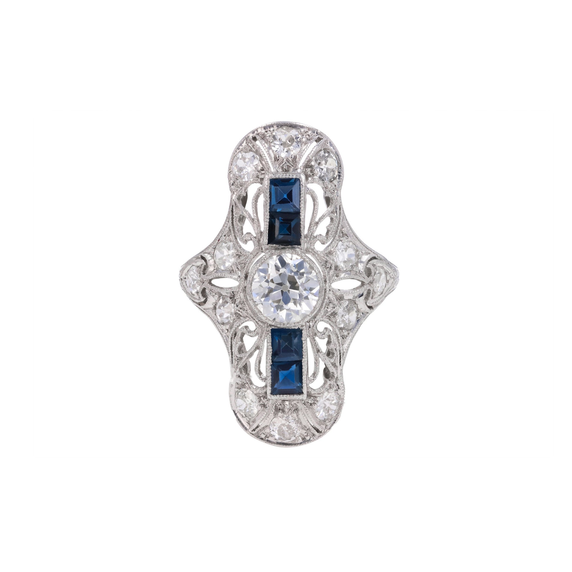 Art Deco Platinum Diamond & Sapphire Ring front