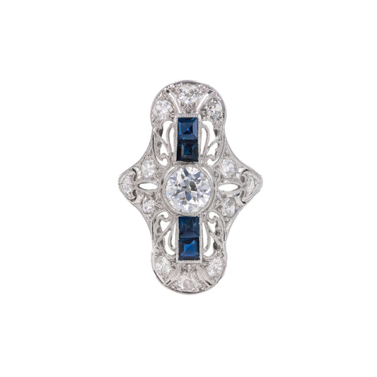Art Deco Platinum Diamond & Sapphire Ring front
