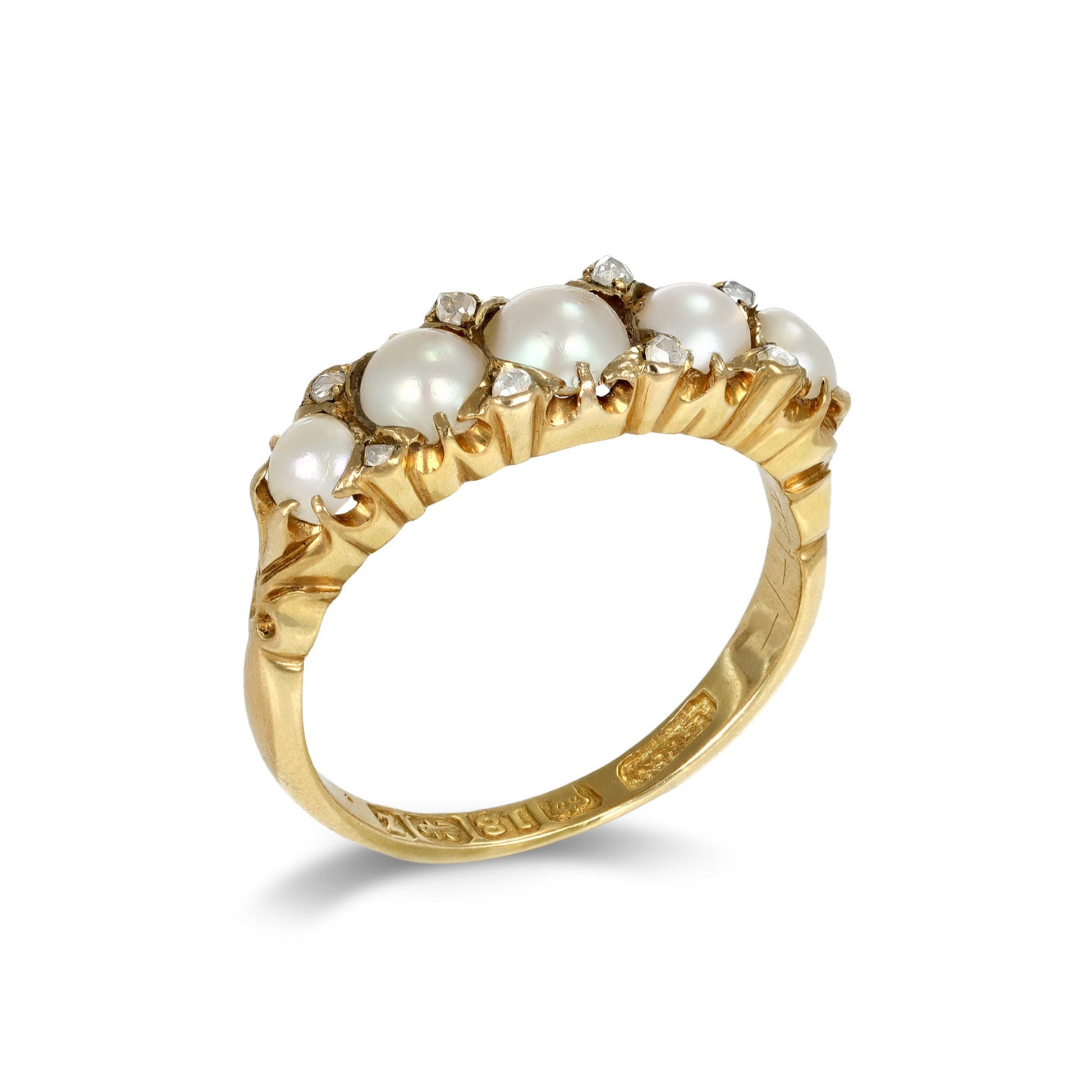 Lawrence & Lingard England Victorian 18KT Yellow Gold Natural Pearl & Diamond Ring profile