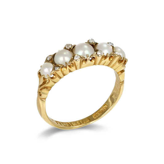 Lawrence & Lingard England Victorian 18KT Yellow Gold Natural Pearl & Diamond Ring profile