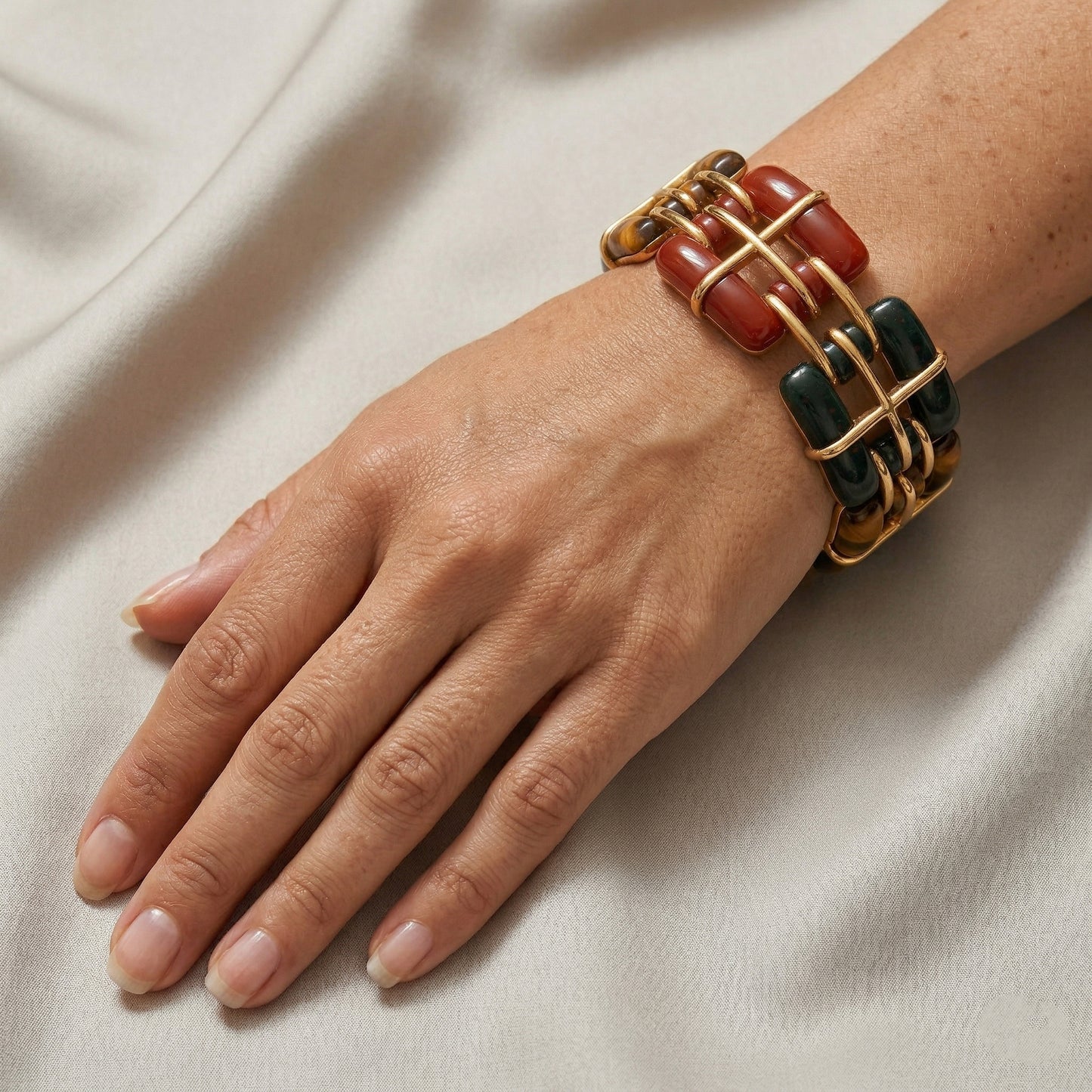 Tiffany & Co. Post-1980s 18KT Yellow Gold Tiger's Eye, Agate & Carnelian Agate Bracelet on wrist
