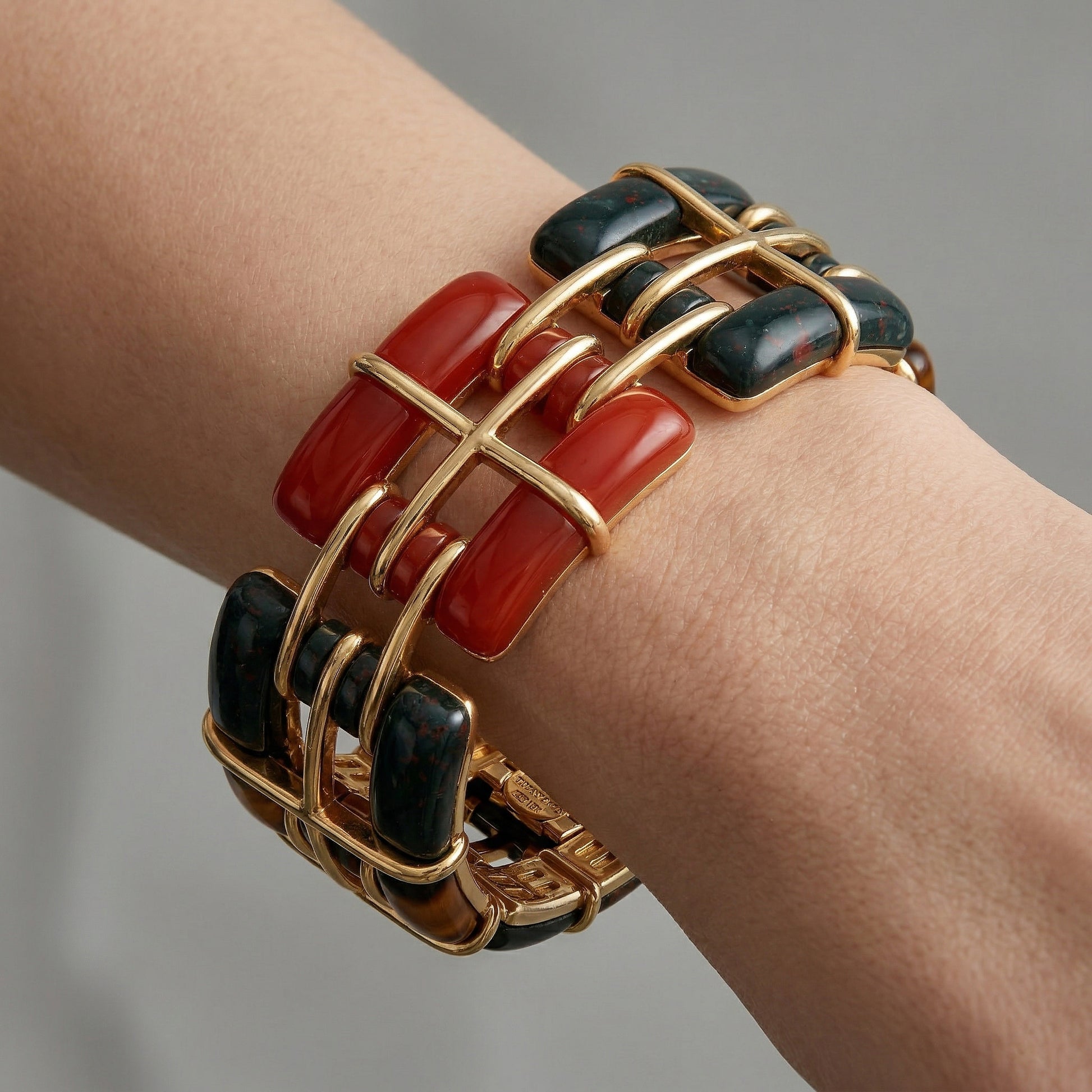 Tiffany & Co. Post-1980s 18KT Yellow Gold Tiger's Eye, Agate & Carnelian Agate Bracelet on wrist
