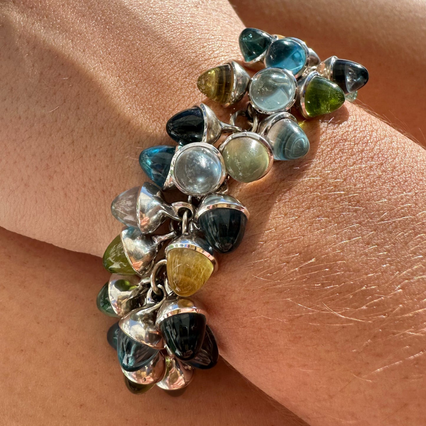 Tamara Comolli Post-1980s 18KT White Gold Topaz, Iolite, Peridot & Tourmaline Bracelet on wrist