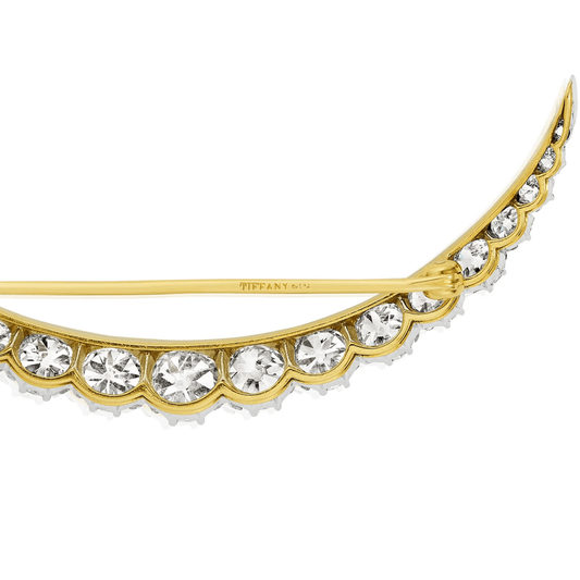 Tiffany & Co. Edwardian Platinum & 18KT Yellow Gold Diamond Crescent Brooch signature