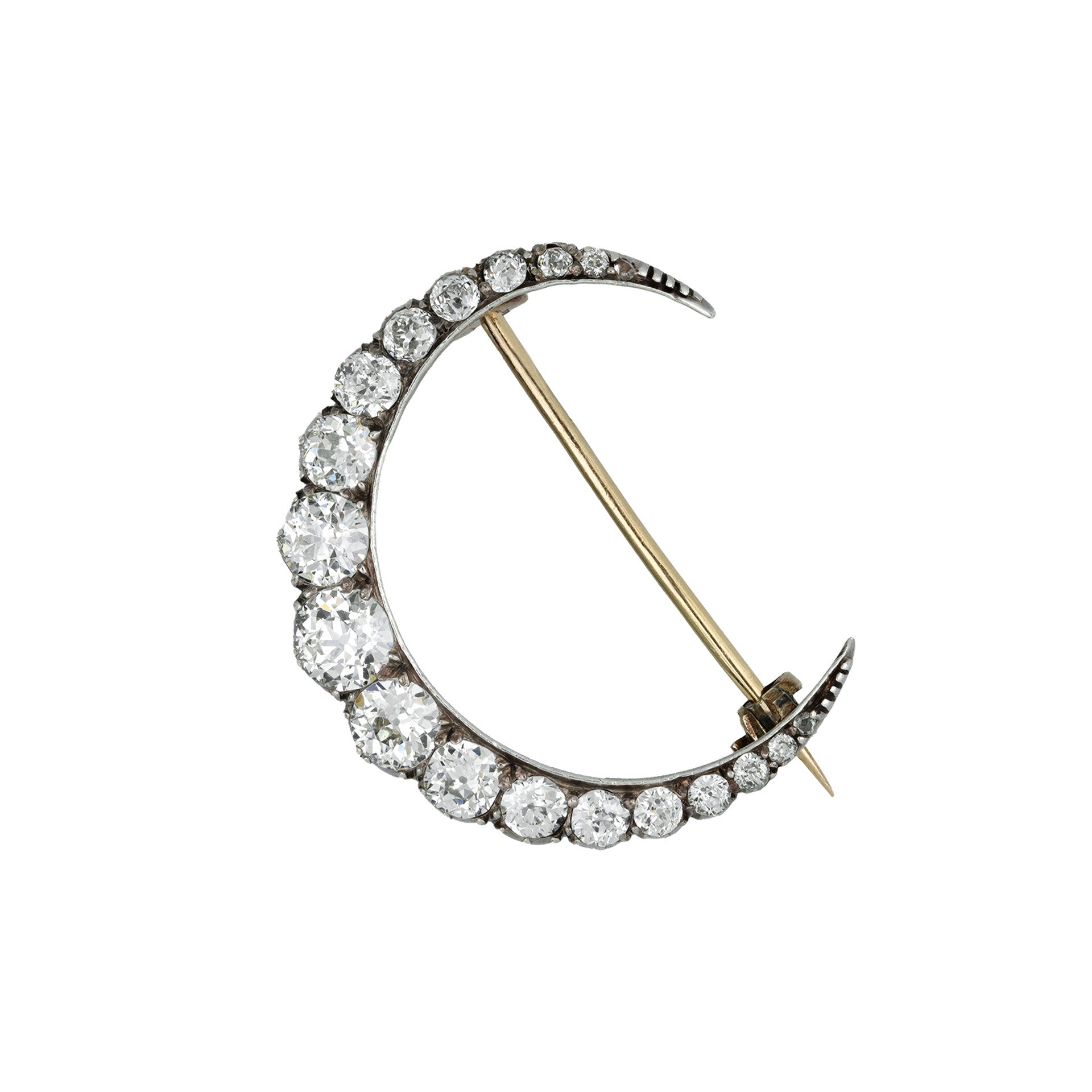 Victorian Silver & 18KT Yellow Gold Diamond Crescent Brooch front