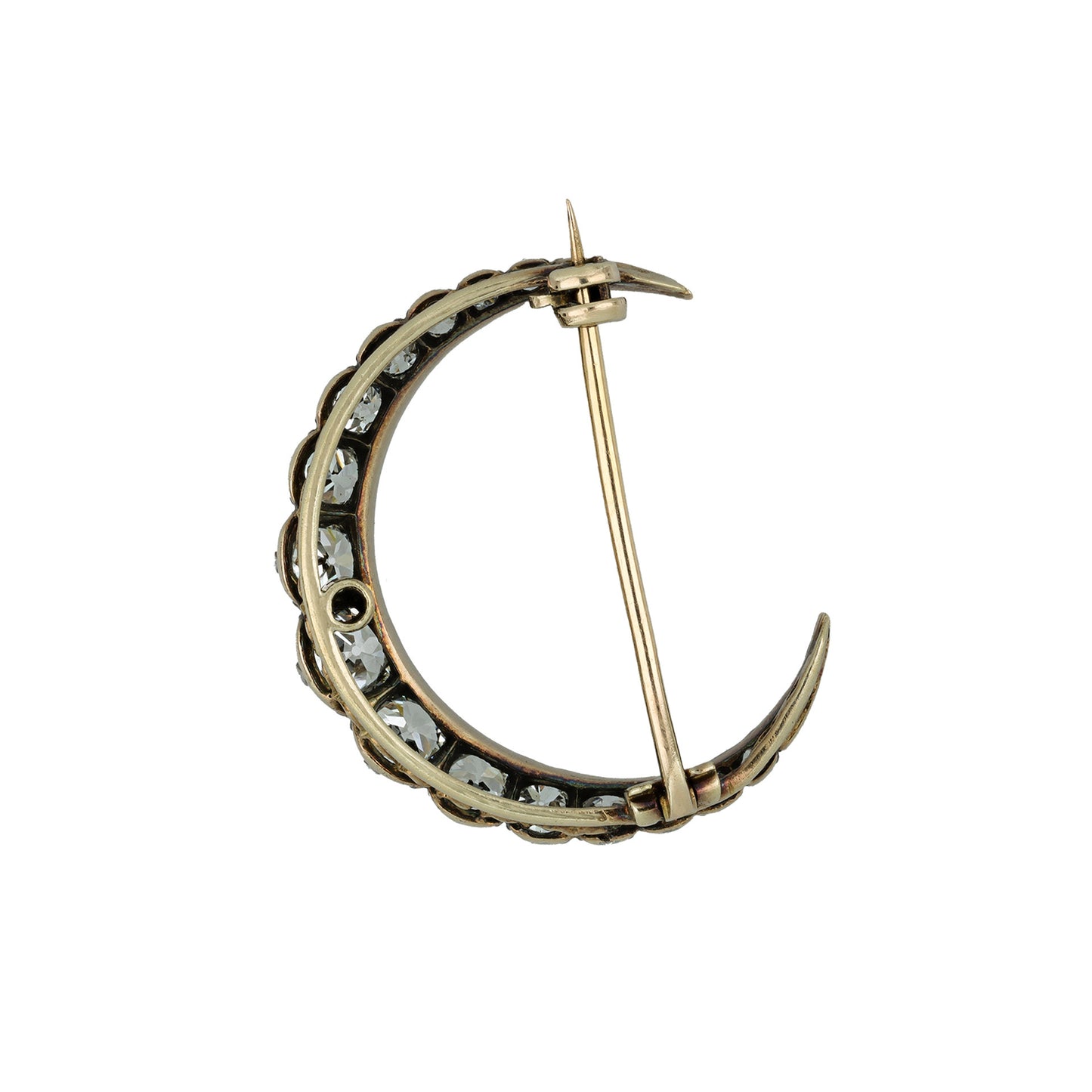 Victorian Silver & 18KT Yellow Gold Diamond Crescent Brooch back