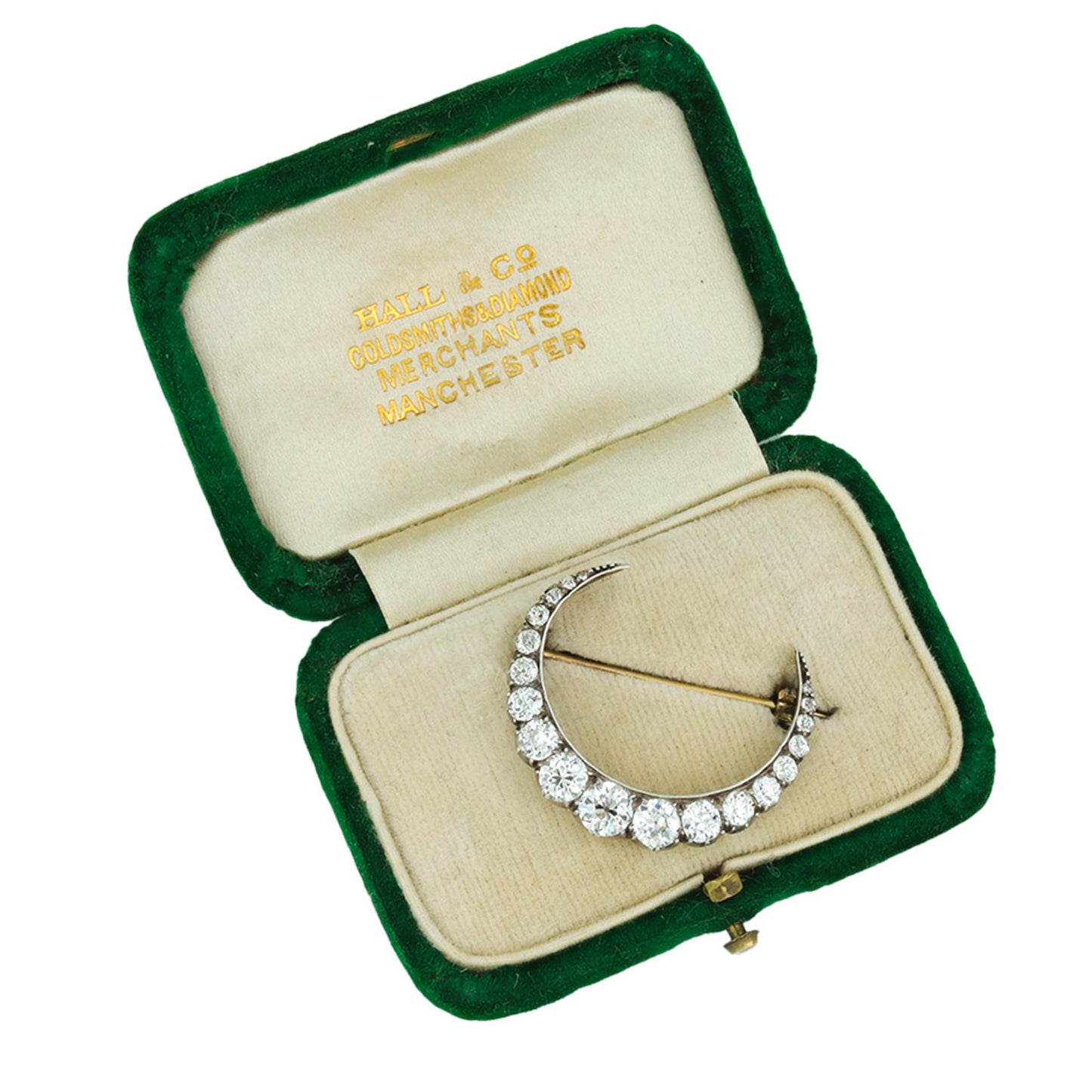 Victorian Silver & 18KT Yellow Gold Diamond Crescent Brooch in box