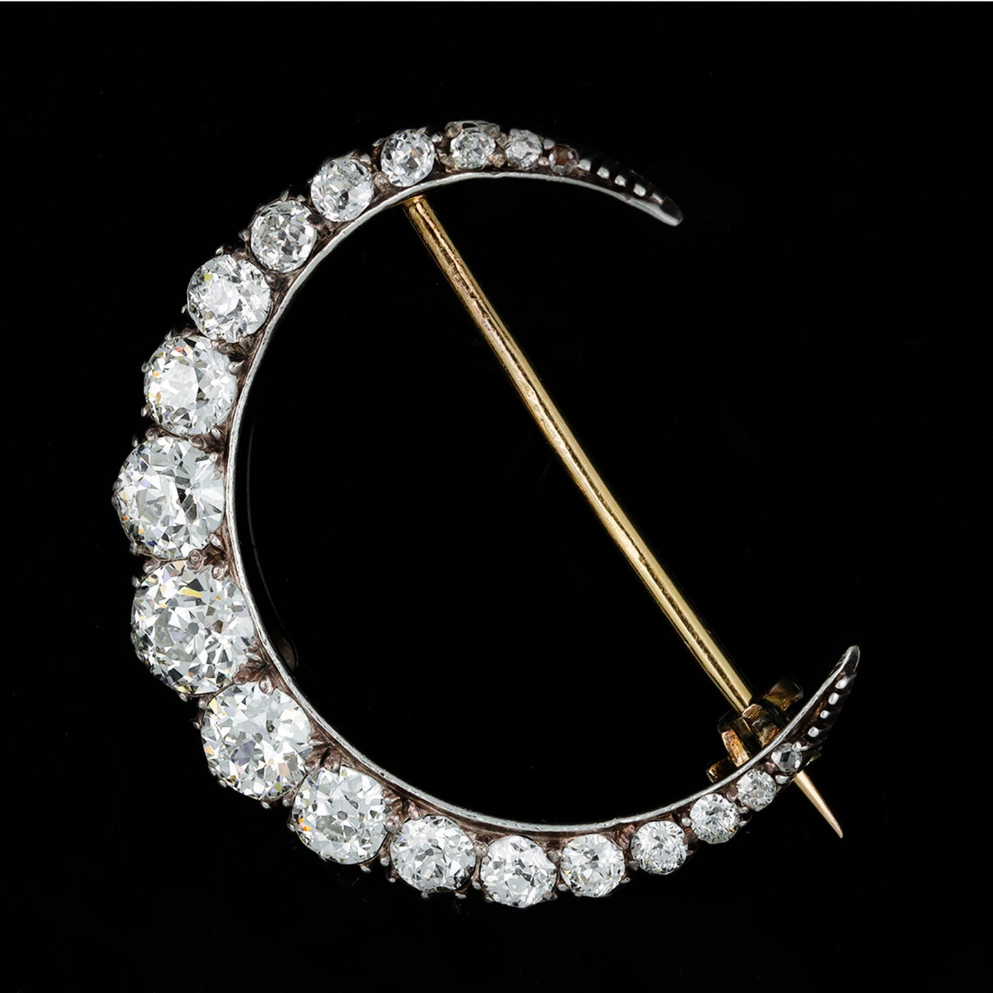 Victorian Silver & 18KT Yellow Gold Diamond Crescent Brooch front