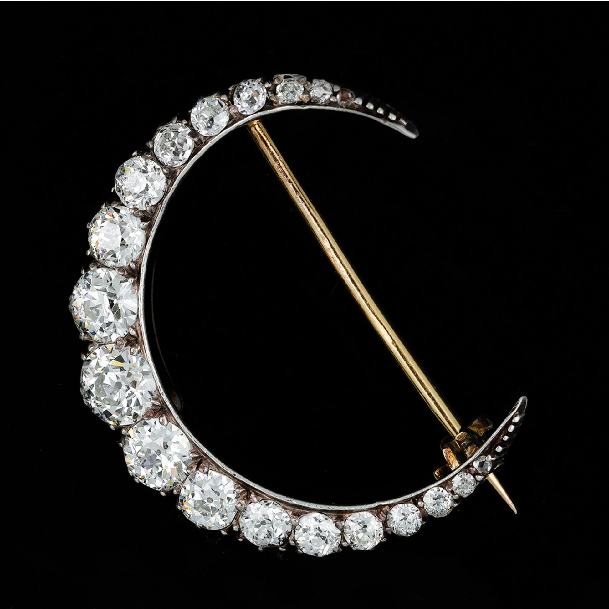 Victorian Silver & 18KT Yellow Gold Diamond Crescent Brooch front