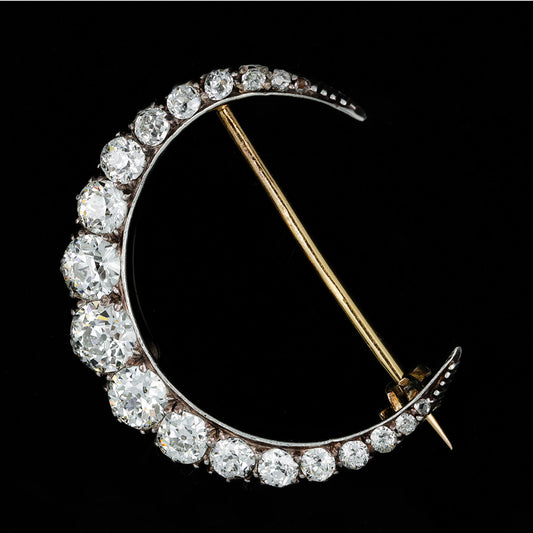 Victorian Silver & 18KT Yellow Gold Diamond Crescent Brooch front
