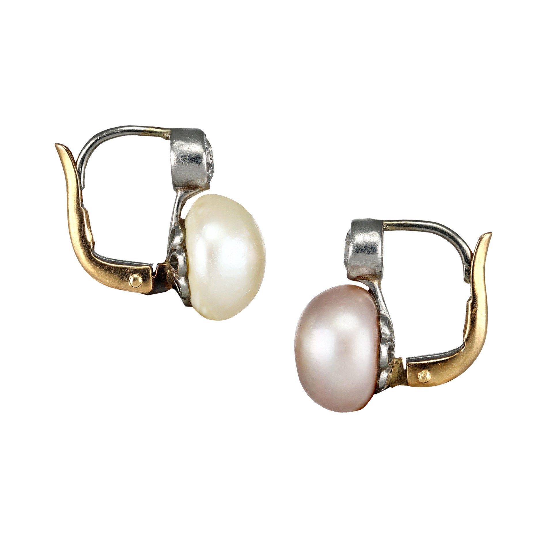 Art Deco Platinum & 18KT Yellow Gold Natural Pearl & Diamond Earrings side