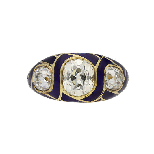 Victorian 18KT Yellow Gold Diamond & Enamel Ring front