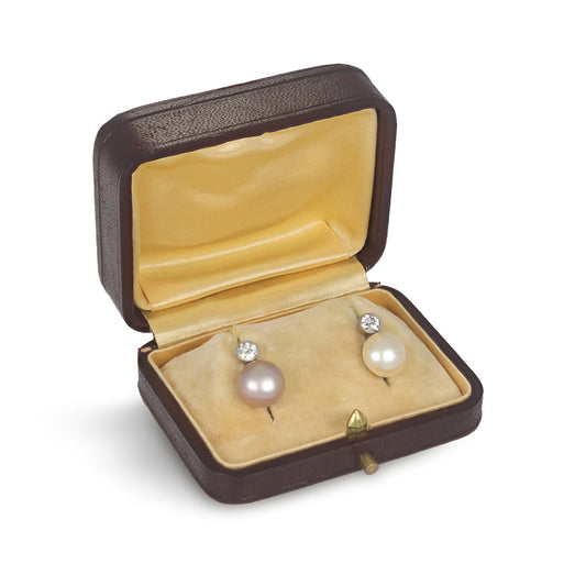 Art Deco Platinum & 18KT Yellow Gold Natural Pearl & Diamond Earrings in box