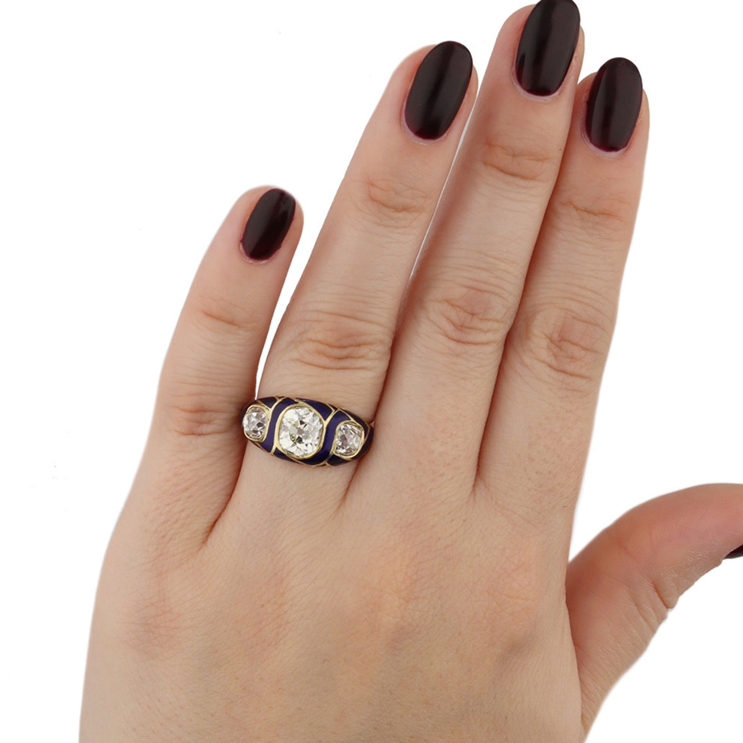 Victorian 18KT Yellow Gold Diamond & Enamel Ring on finger