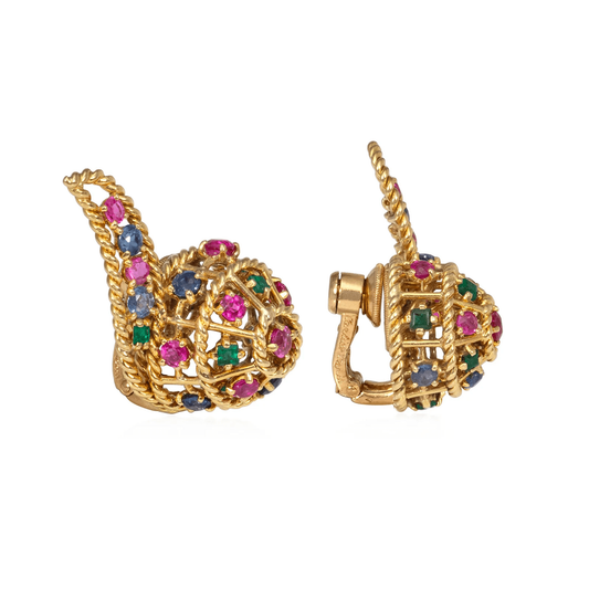 Cartier Paris Retro 18KT Yellow Gold Emerald, Ruby & Sapphire Earrings side