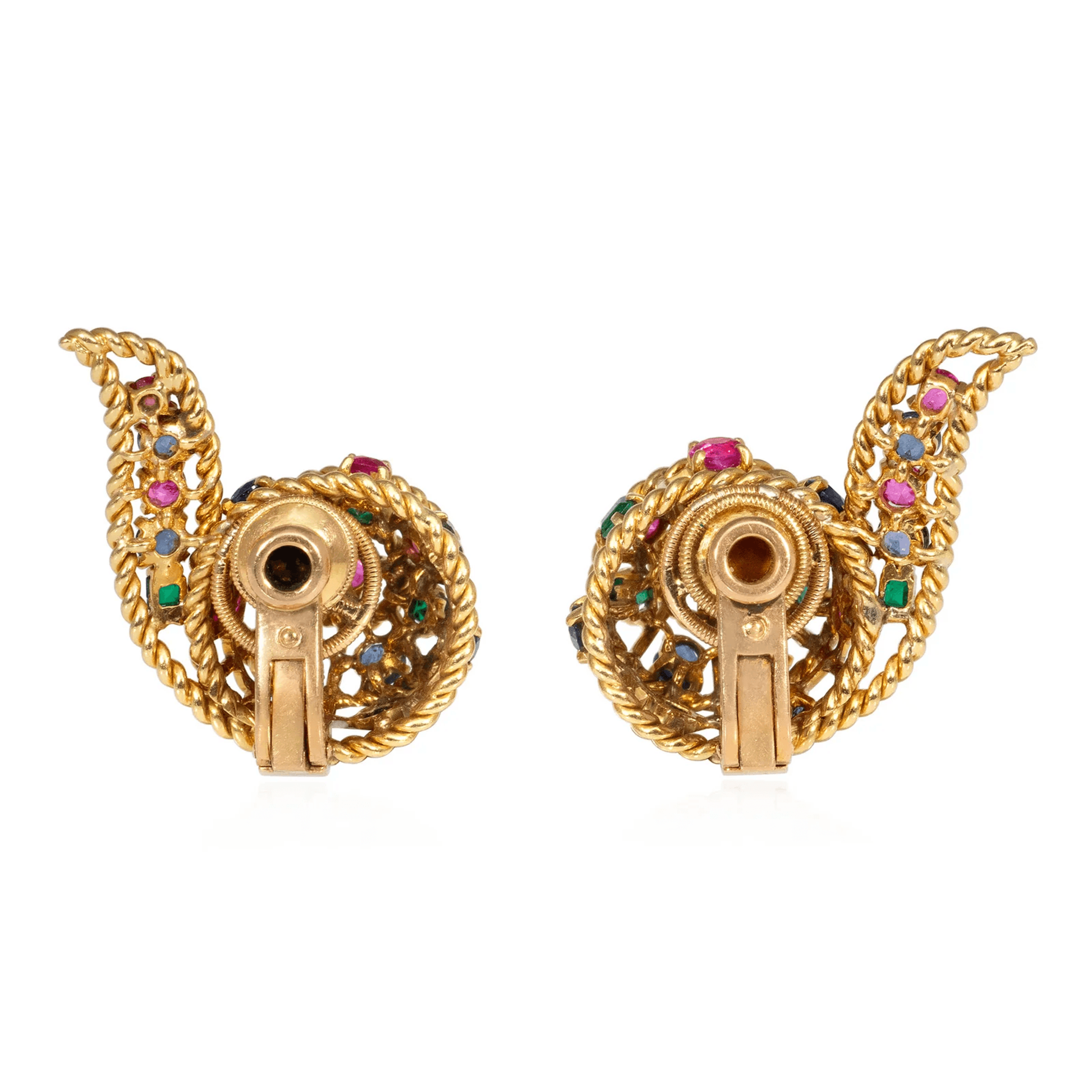 Cartier Paris Retro 18KT Yellow Gold Emerald, Ruby & Sapphire Earrings back