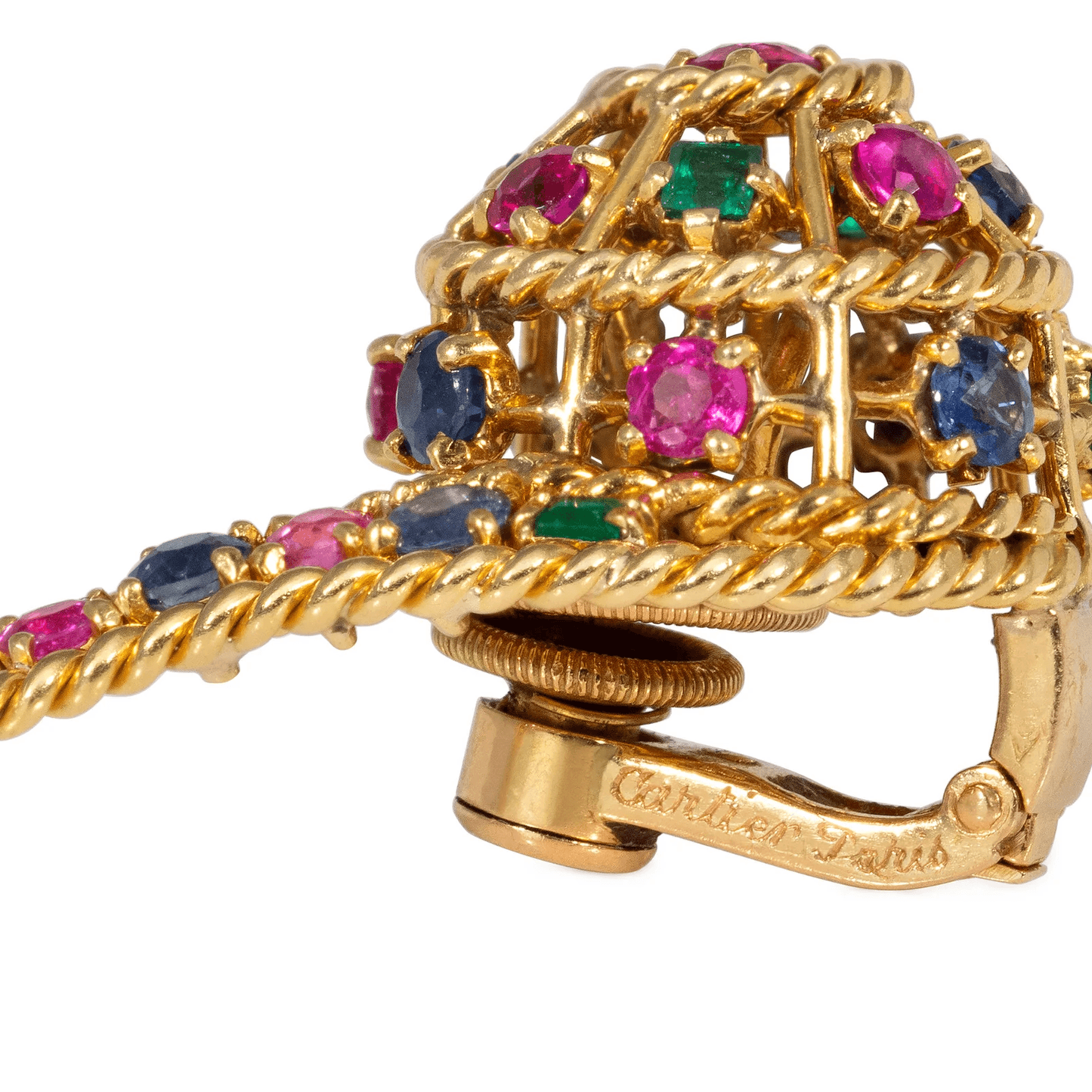 Cartier Paris Retro 18KT Yellow Gold Emerald, Ruby & Sapphire Earrings signature