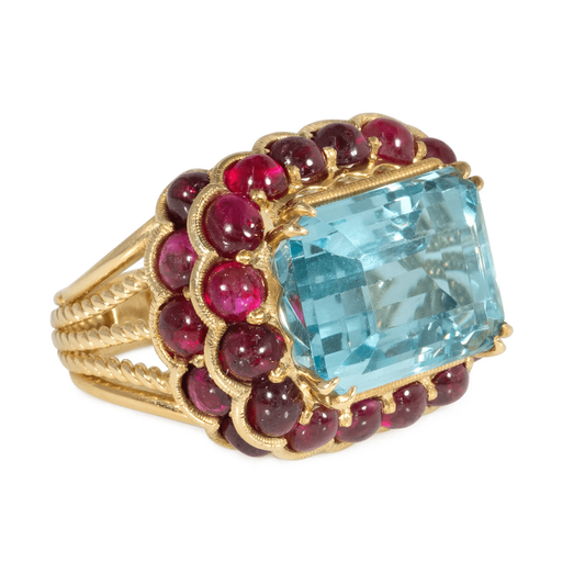 Marchak Paris 1950s 18KT Yellow Gold Aquamarine & Ruby Ring side