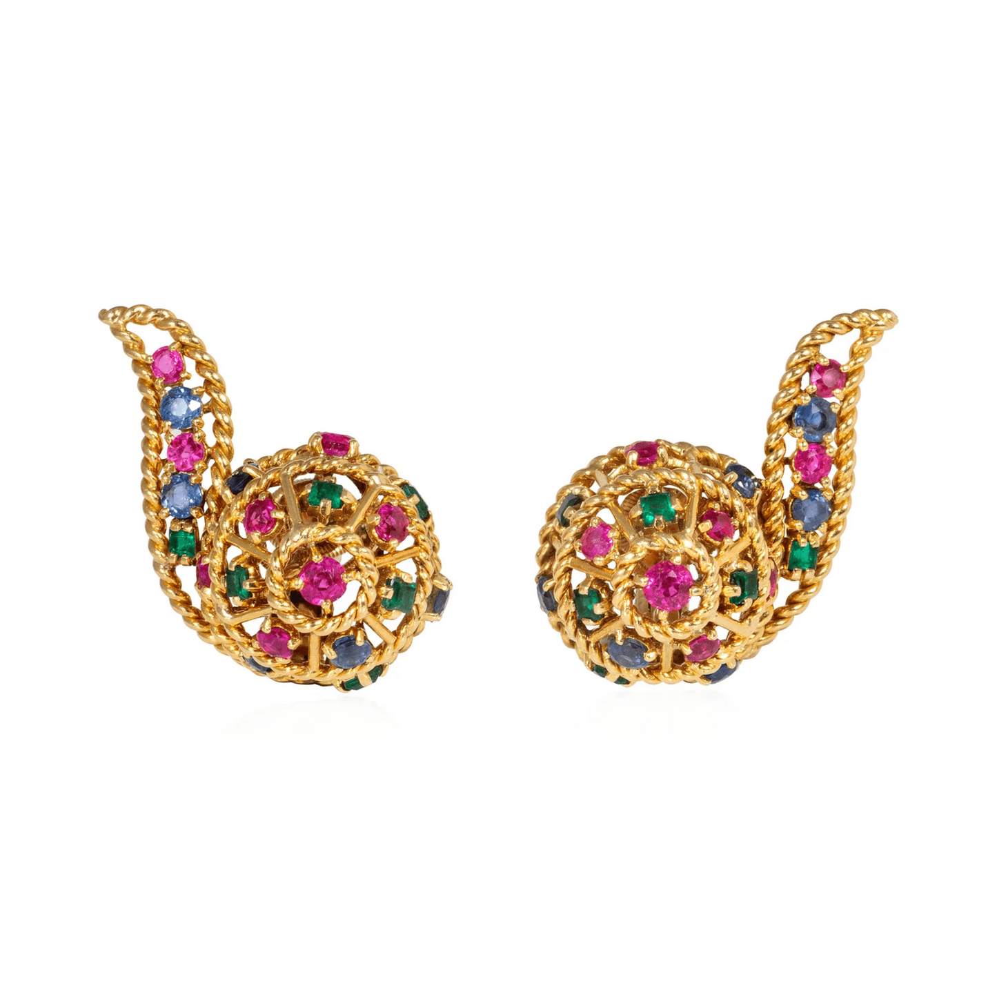 Cartier Paris Retro 18KT Yellow Gold Emerald, Ruby & Sapphire Earrings front