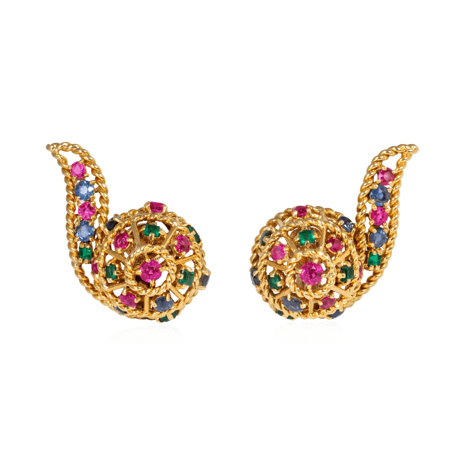 Cartier Paris Retro 18KT Yellow Gold Emerald, Ruby & Sapphire Earrings front