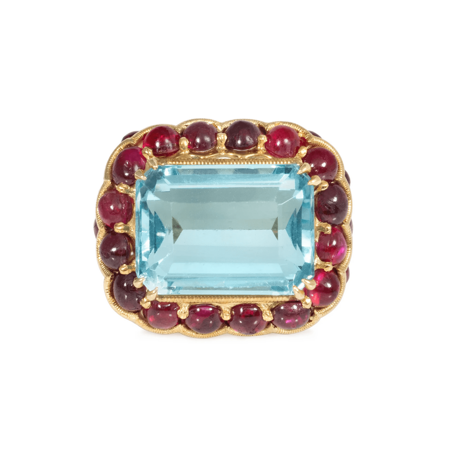 Marchak Paris 1950s 18KT Yellow Gold Aquamarine & Ruby Ring front