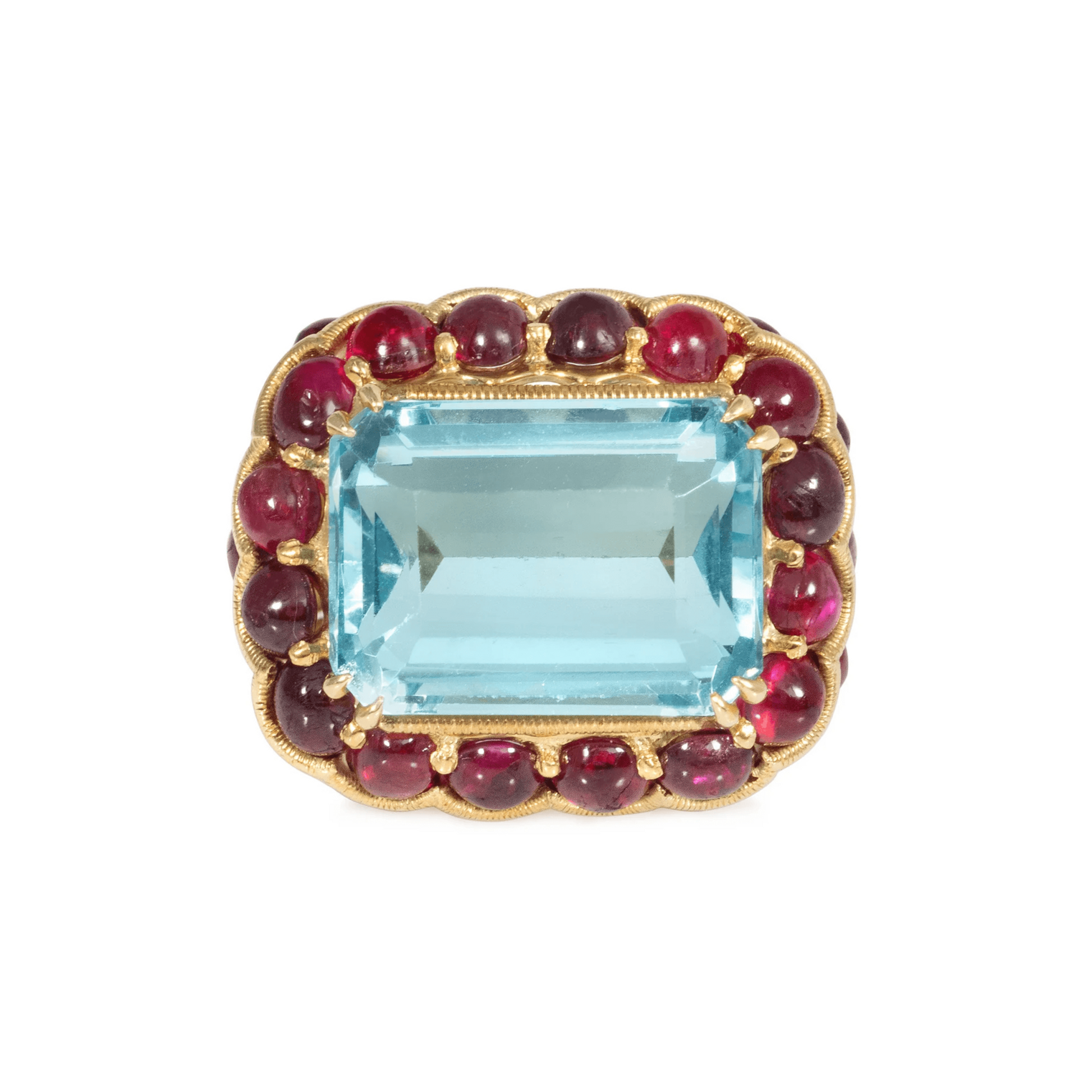 Marchak Paris 1950s 18KT Yellow Gold Aquamarine & Ruby Ring front
