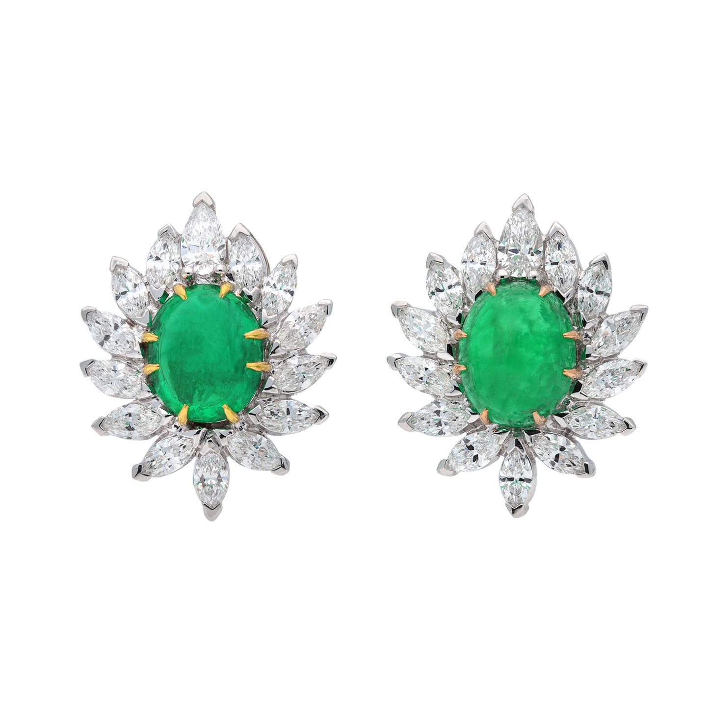 1970s Platinum & 18KT Yellow Gold Emerald & Diamond Earrings front