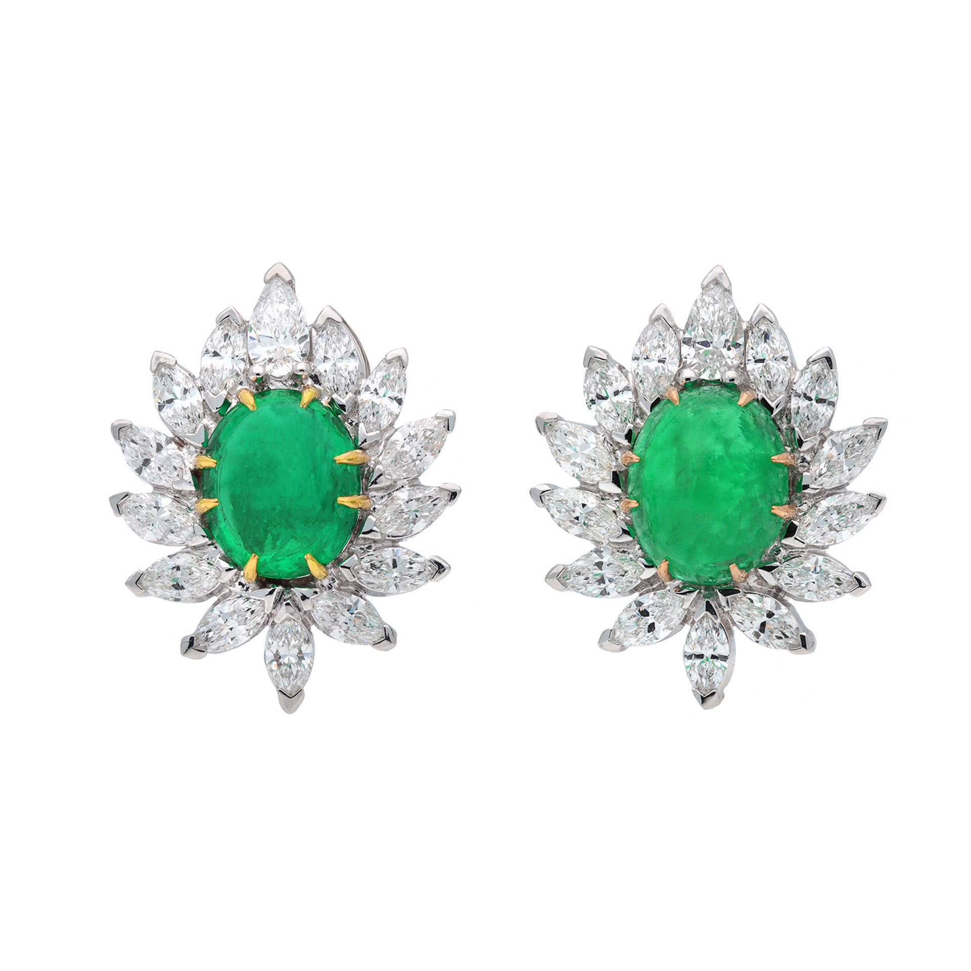 1970s Platinum & 18KT Yellow Gold Emerald & Diamond Earrings front