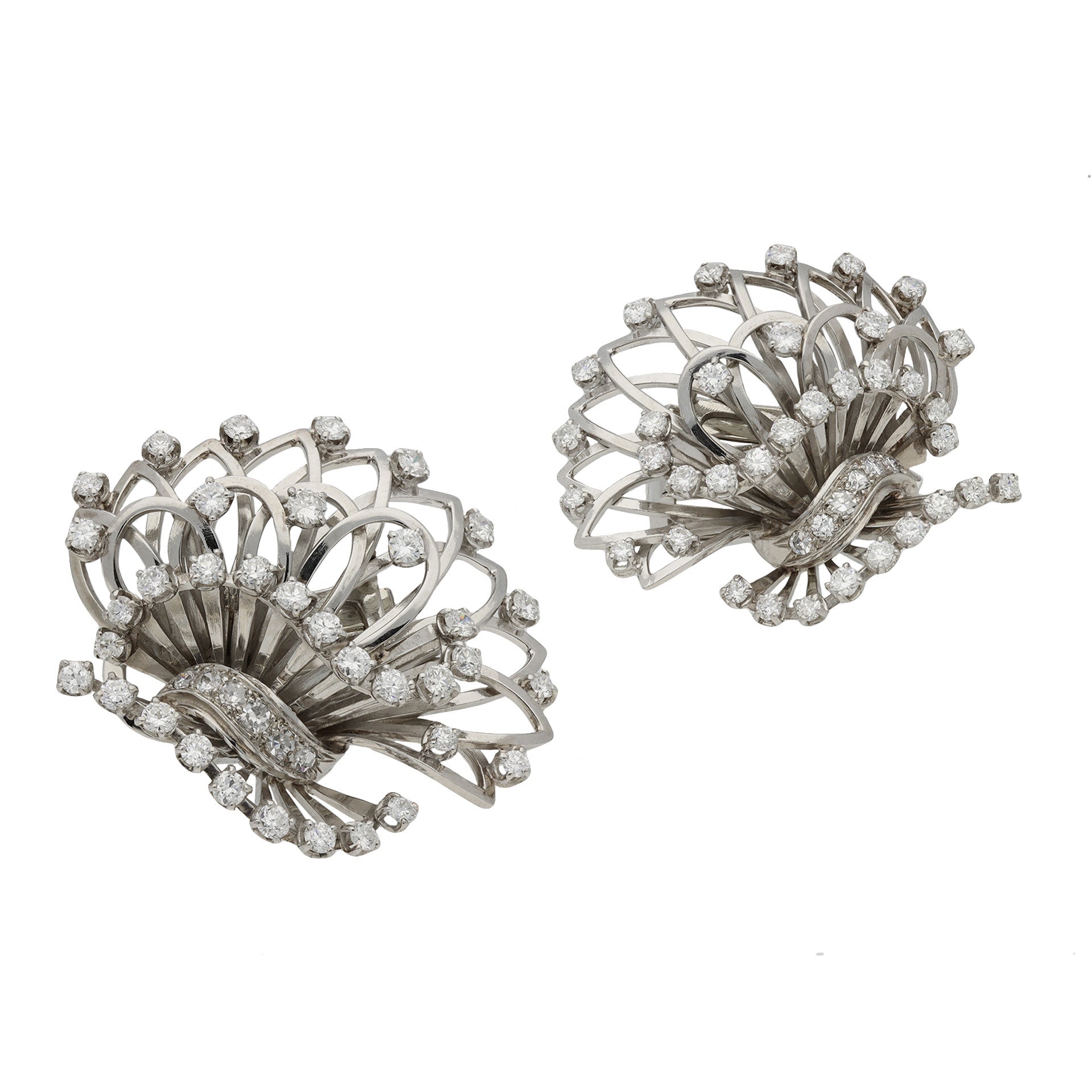 Boucheron Paris 1950s Platinum & 18KT White Gold Diamond Earrings front