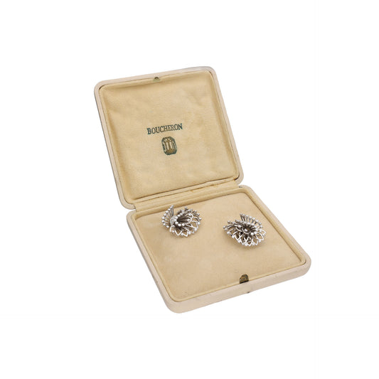 Boucheron Paris 1950s Platinum & 18KT White Gold Diamond Earrings in box