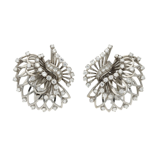 Boucheron Paris 1950s Platinum & 18KT White Gold Diamond Earrings front