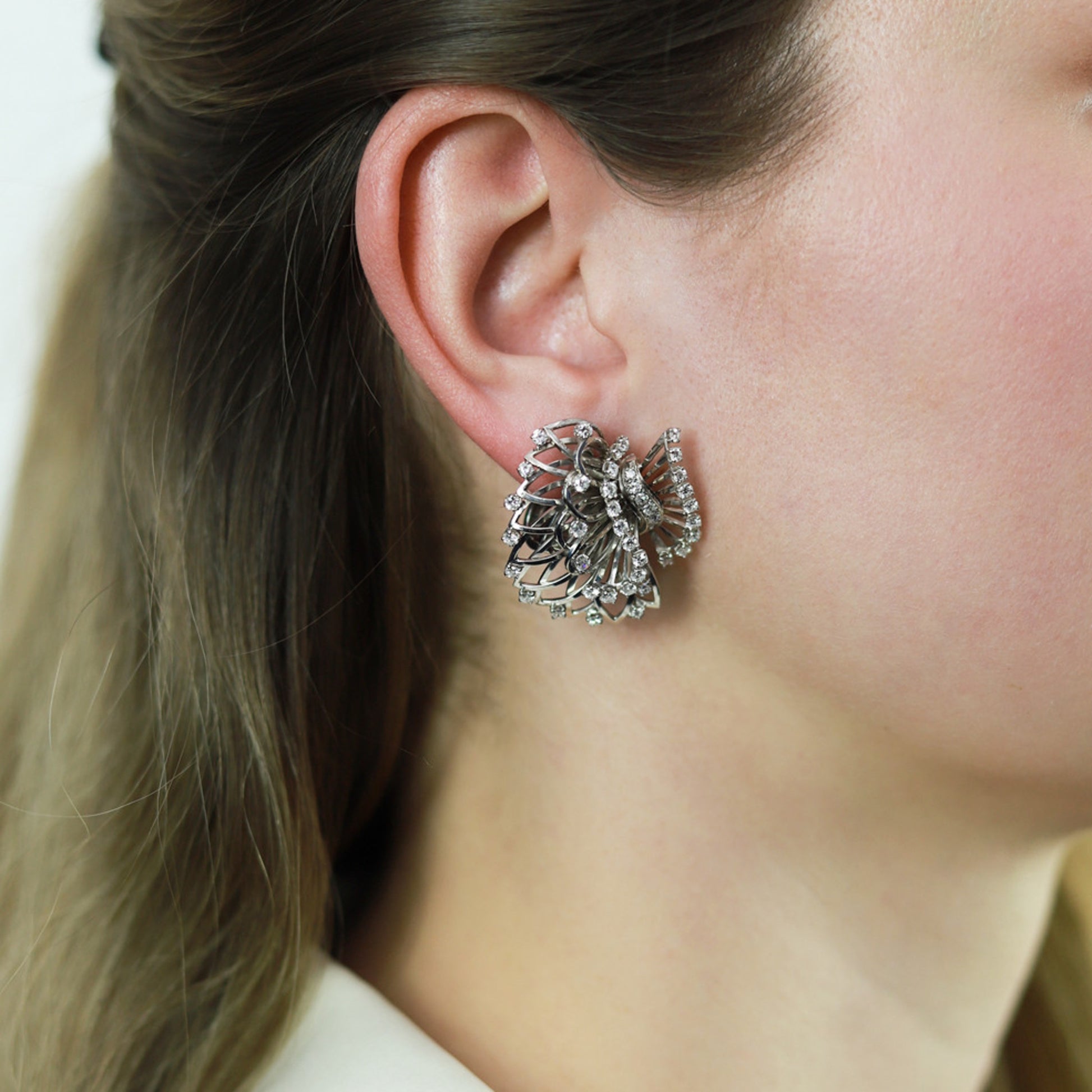 Boucheron Paris 1950s Platinum & 18KT White Gold Diamond Earrings on ear