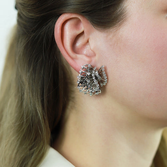Boucheron Paris 1950s Platinum & 18KT White Gold Diamond Earrings on ear