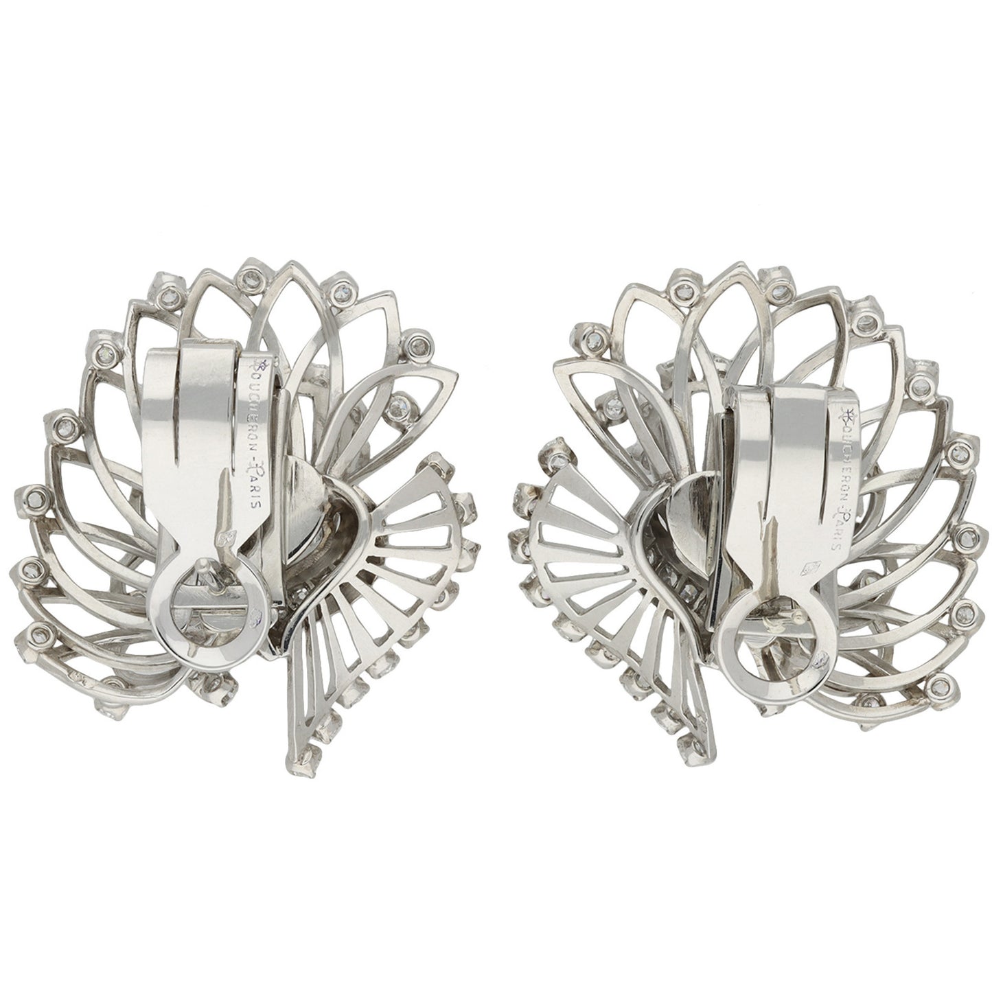 Boucheron Paris 1950s Platinum & 18KT White Gold Diamond Earrings back