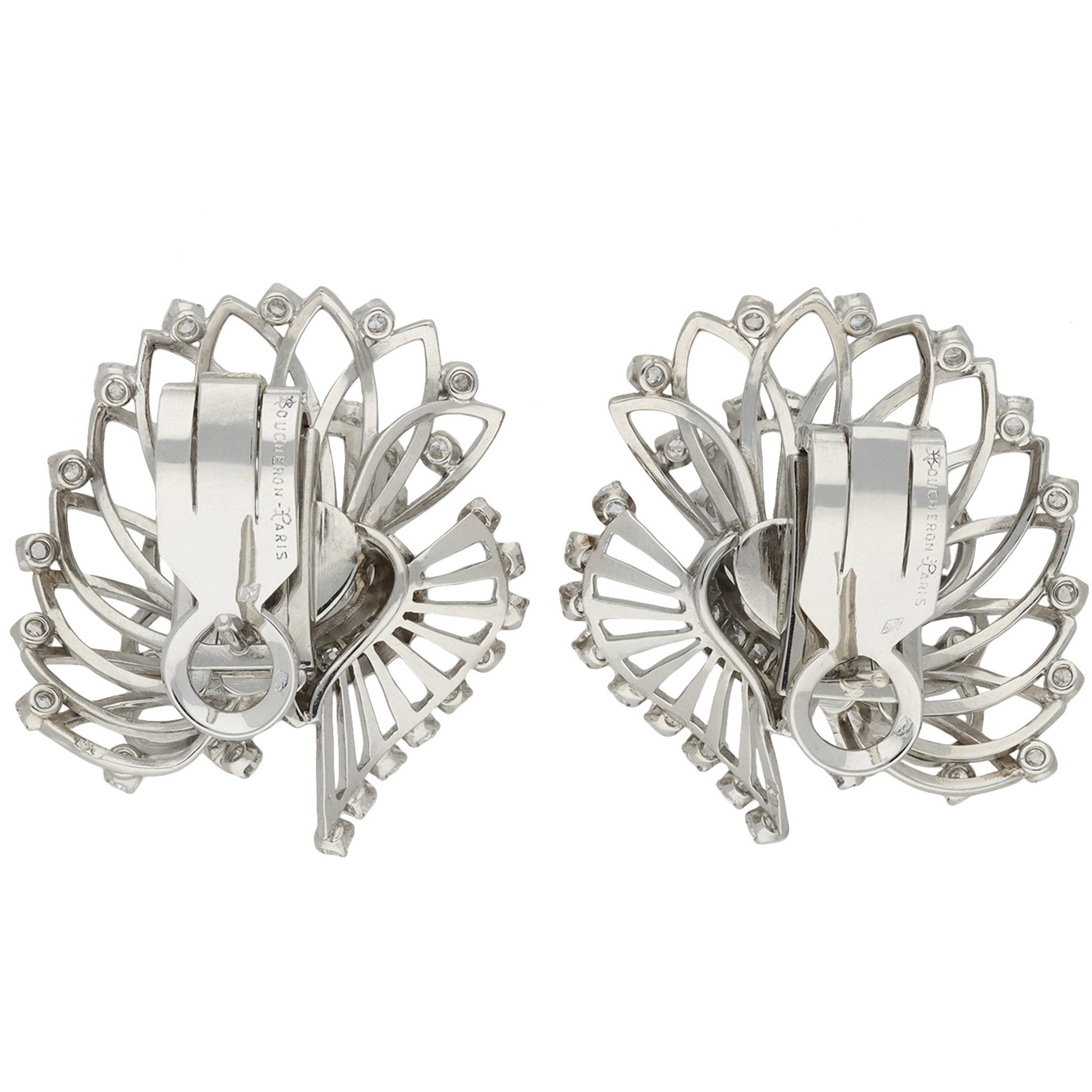 Boucheron Paris 1950s Platinum & 18KT White Gold Diamond Earrings back