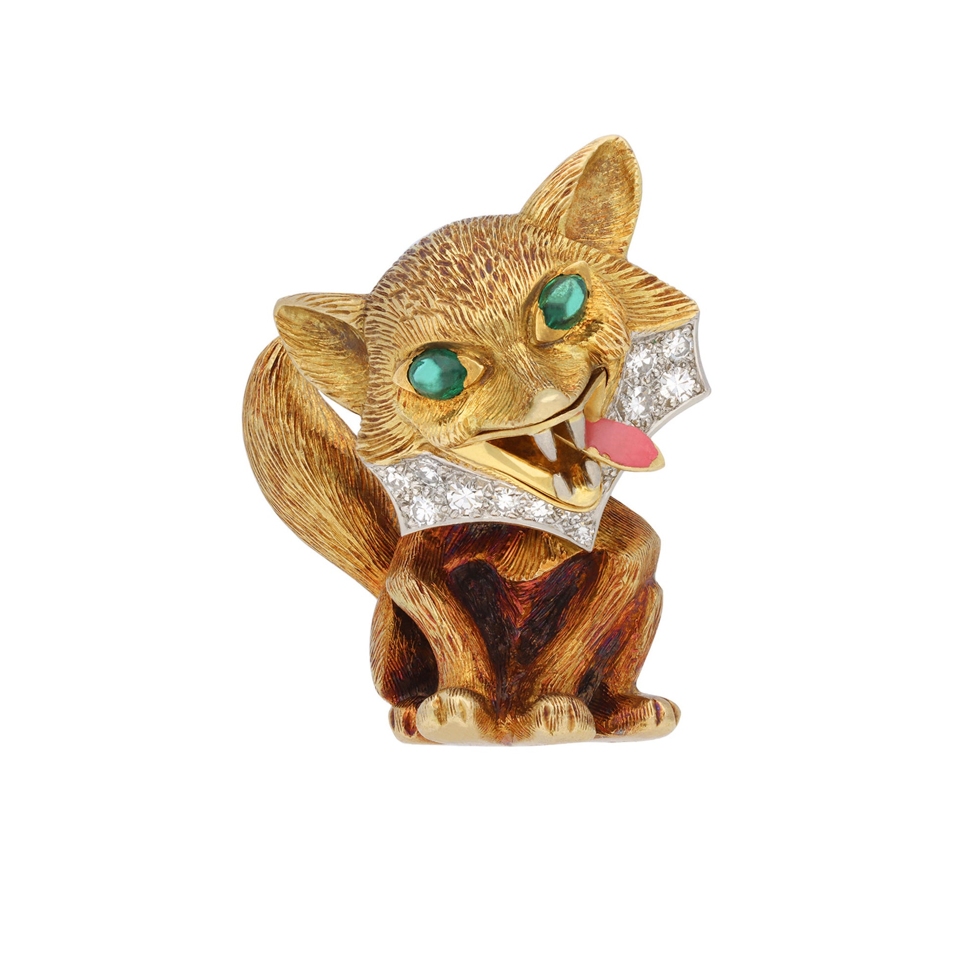 Cartier London 1960s Platinum & 18KT Yellow Gold Emerald, Diamond & Enamel Fox Brooch front