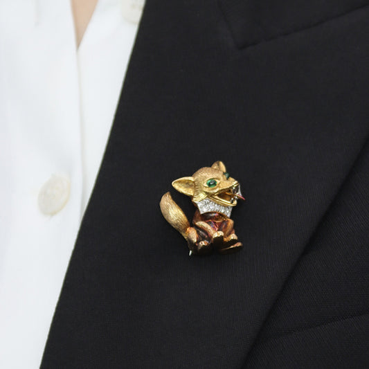 Cartier London 1960s Platinum & 18KT Yellow Gold Emerald, Diamond & Enamel Fox Brooch on lapel